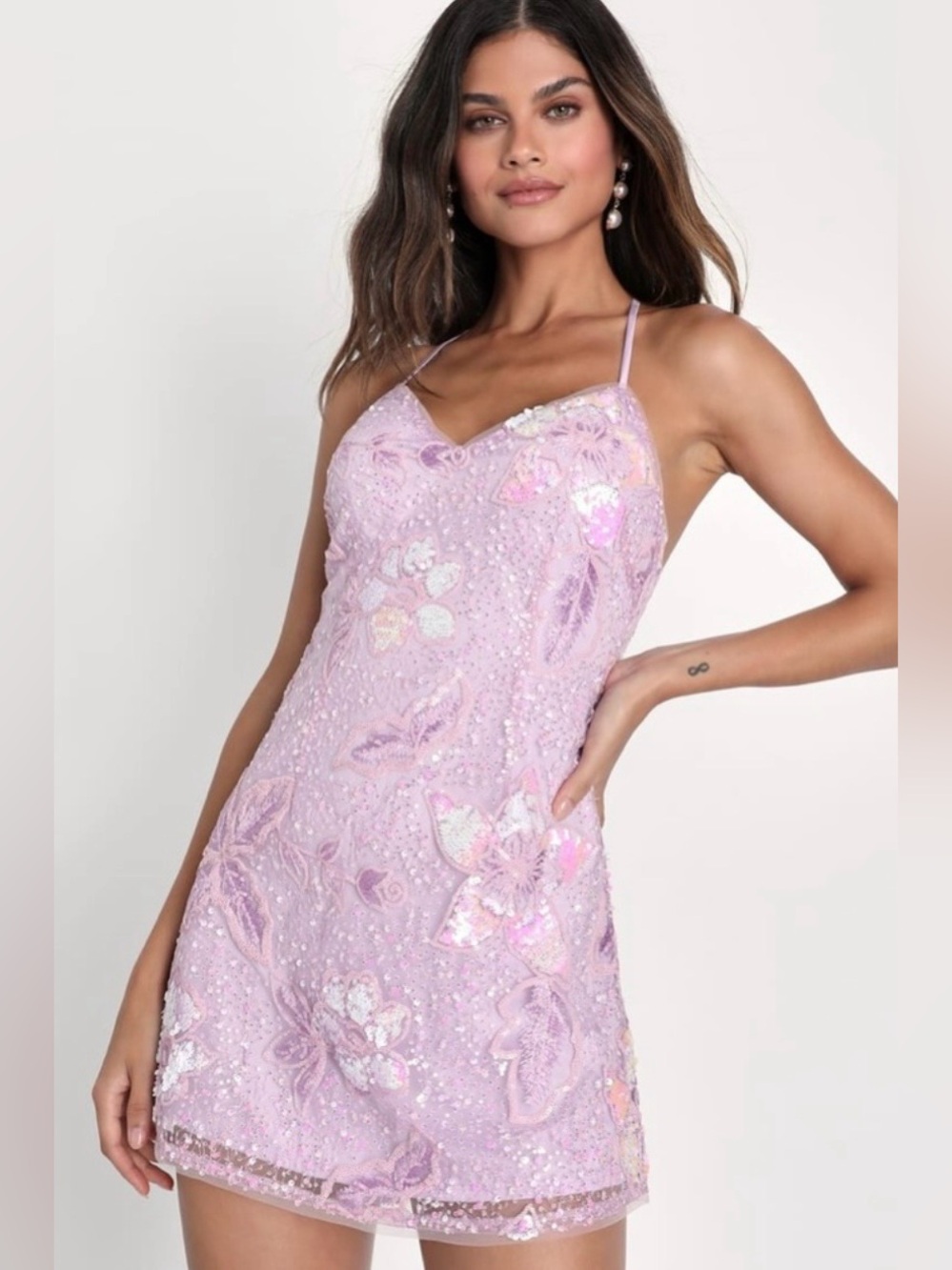 Lulu’s Get Up and Glow Lavender Sequin Embroidered Mini Dress Small Purple
